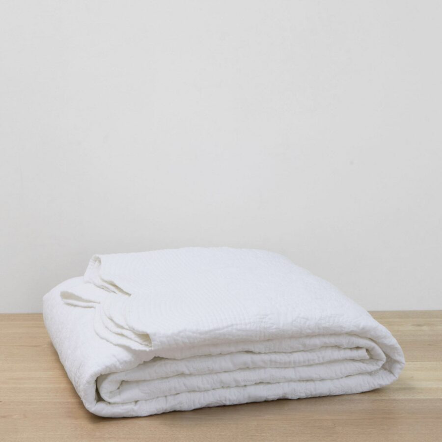 Embroidered Linen Bedcover in White